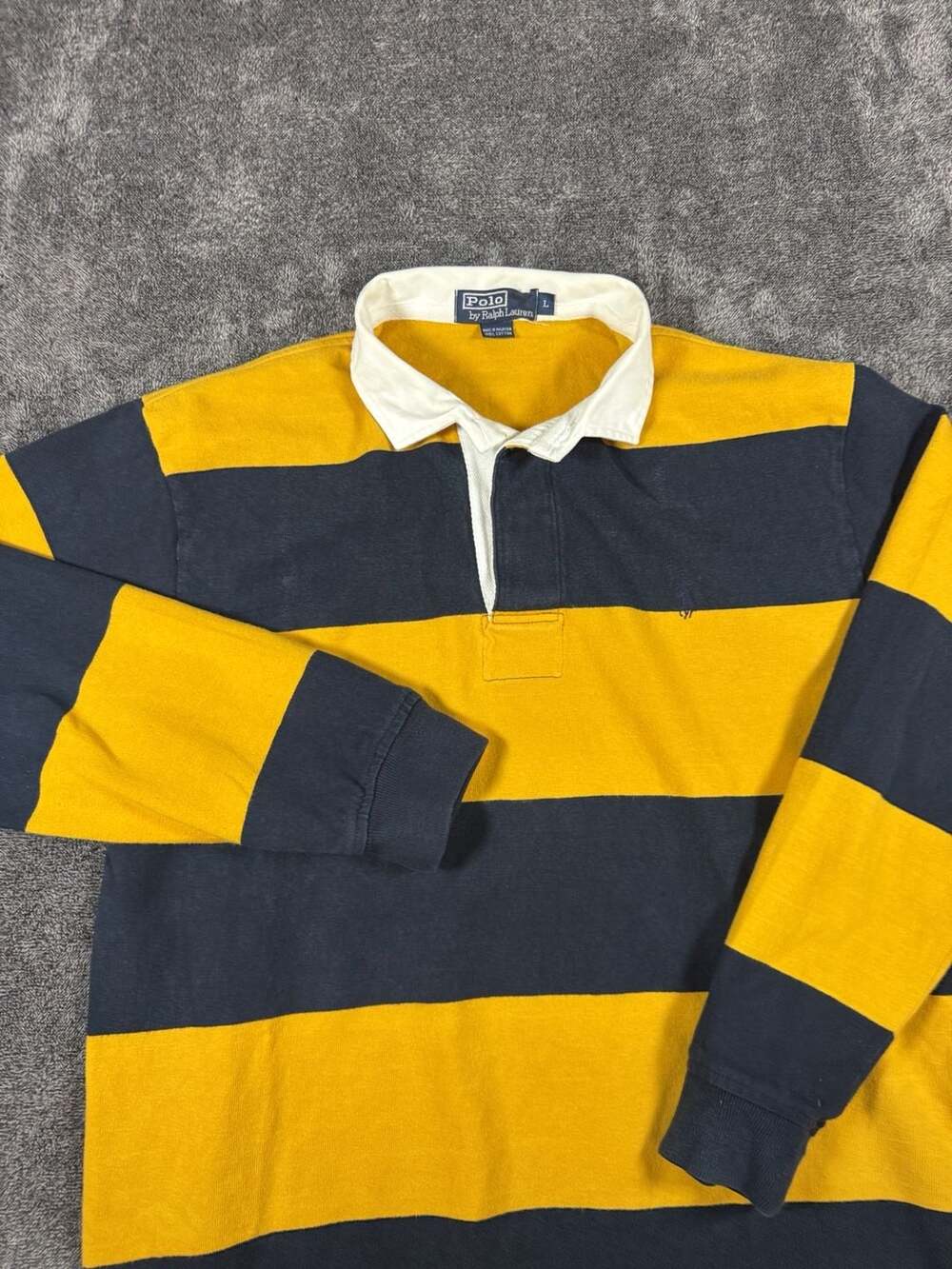 Polo By Ralph Lauren Rugby Shirt Size L Yellow Navy Striped Long Sleeve
